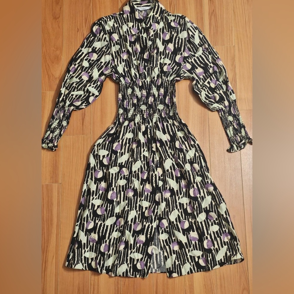 Stockholm Atelier & Other Stories Smocked Midi Black Abstract Dress